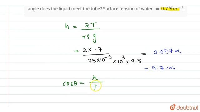 A glass capillary tube of internal radius r=0.25 mm is immersed in water. The top end of the tub...