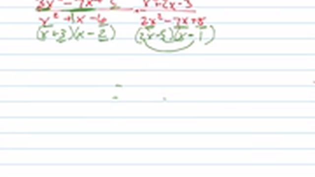 Simpify [(3x^2-7x+2)/(x^2+x-6)][(x^2+2x-3)/(2x^2-7x+5)]