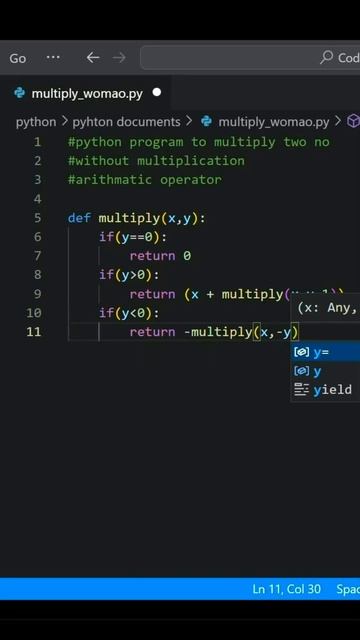 Python program to multiply two number without multiplication arithmetic operator💖👌#shorts #python