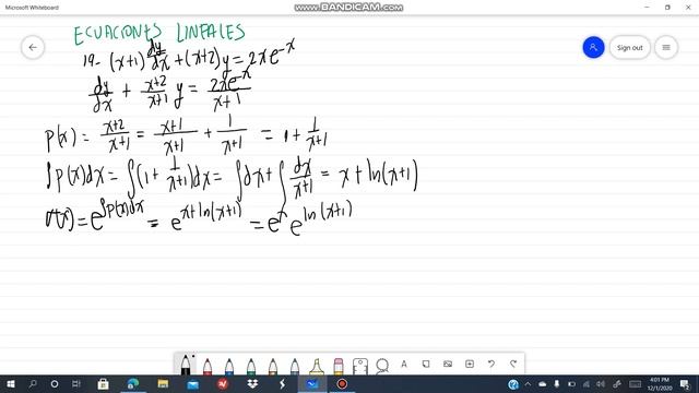 19. (x+1)dy/dx+(x+2)y=2x e^{-x}. Ecuaciones lineales. Alexander Estrada
