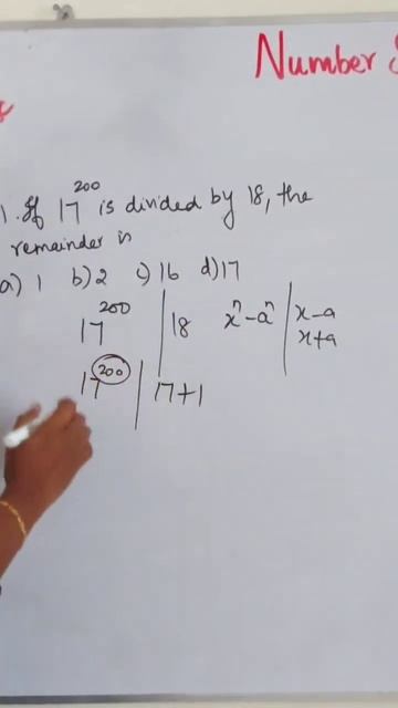 If 17^200 is divided by 18, the remainder is #numbersystem #aptitudeskills