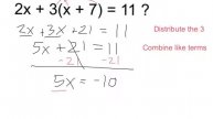 Solve 2x + 3(x + 7) = 11
