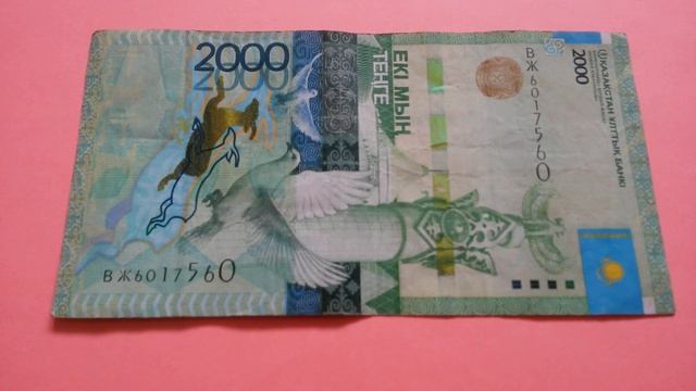 БАНКНОТА 2000 ТЕНГЕ № серии ВЖ6017560 на розовой поверхности Пятнадцатого Марта - ДЕНЕЖНЫЙ ПОТОК