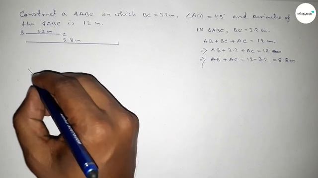 Construct △ABC in which BC=3.2cm ∠ACB=45° and perimeter of △ABC is 12cm.shsirclasses.