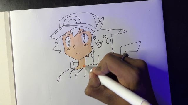 Pokémon - Ash Ketchum & Pikachu Drawing with Pencil & Brush Markers || Anime drawings 12/100