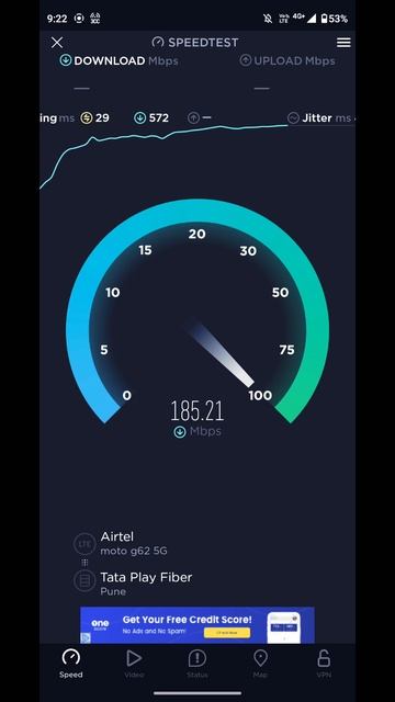 Airtel 4G+ 3CA 3-40C(20+20+10)MHz Speed Test in Pune Maharashtra Circle using Moto G62