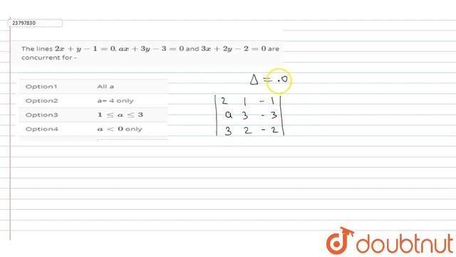 The lines `2x + y -1=0`, `ax+ 3y-3=0` and `3x + 2y -2=0` are concurrent for -