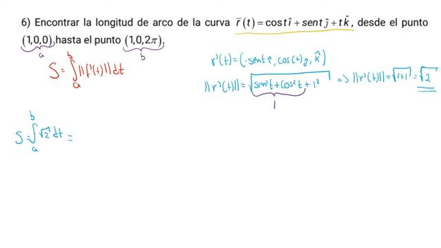 Longitud de arco de una curva definida entre 2 puntos, S-2, ej. 6.