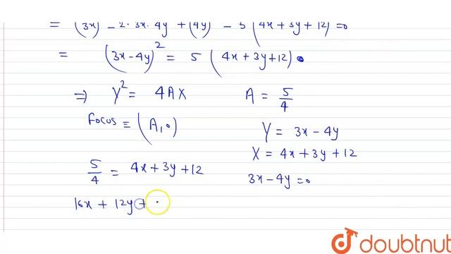 The focus and directrix of the parabola 9x^(2)-24xy+16y^(2)-20x-15y-60=0 is  | CLASS 11 | PARABO...