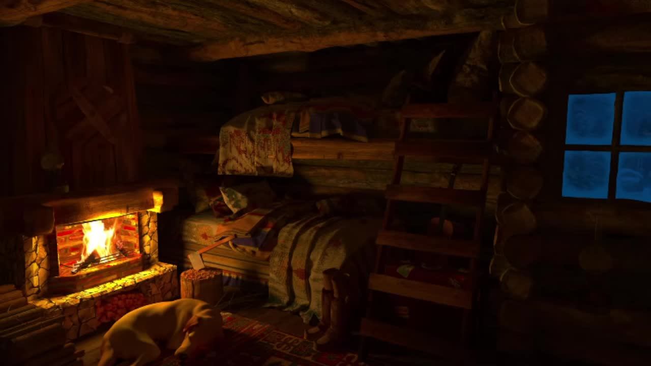 Крепкий сон - Уютная зимняя изба со снегопадом, шумом ветра, камином