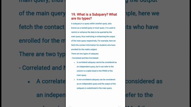 19.What is a Subquery? What are its types? | #sqlinterviewquestions  #sql #databases