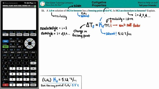 11.51 | A 1.0 m solution of HCl in benzene has a freezing point of 0.4 °C. Is HCl an electrolyte in