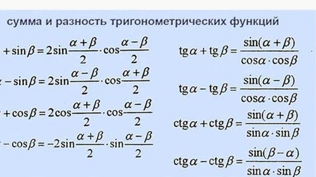 Сумма и разность тригонометрических функций Формулы по математике