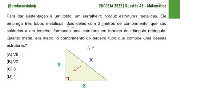 Questão 45 | Encceja 2022 | Ensino Médio (Teorema de Pitágoras)