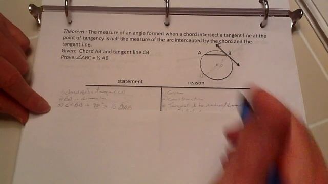 Proof:  Measure of angle of chord and tangent equal to half of arc of same chord and tangent.