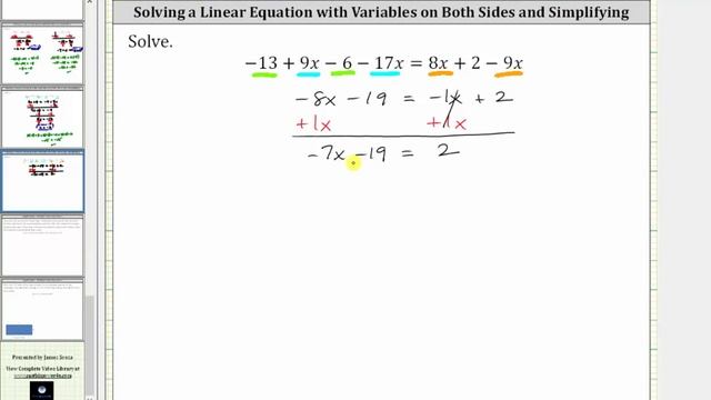 Solve a an Equation with Variable Terms on Both Sides: Form -a+bx-c-dx=ex+g-hx