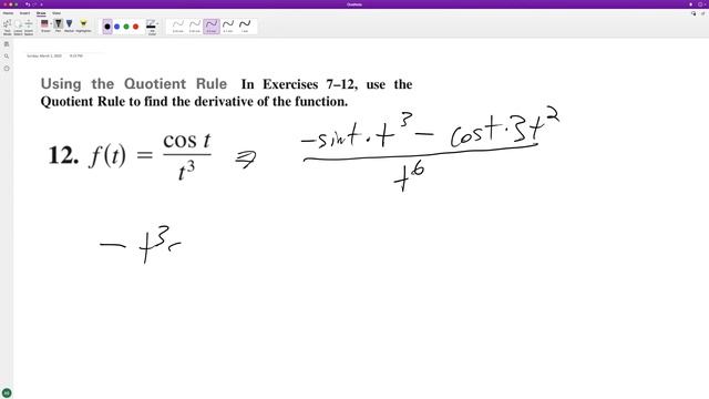 f(t) = cos t / t^3 find the derivative using the quotient rule