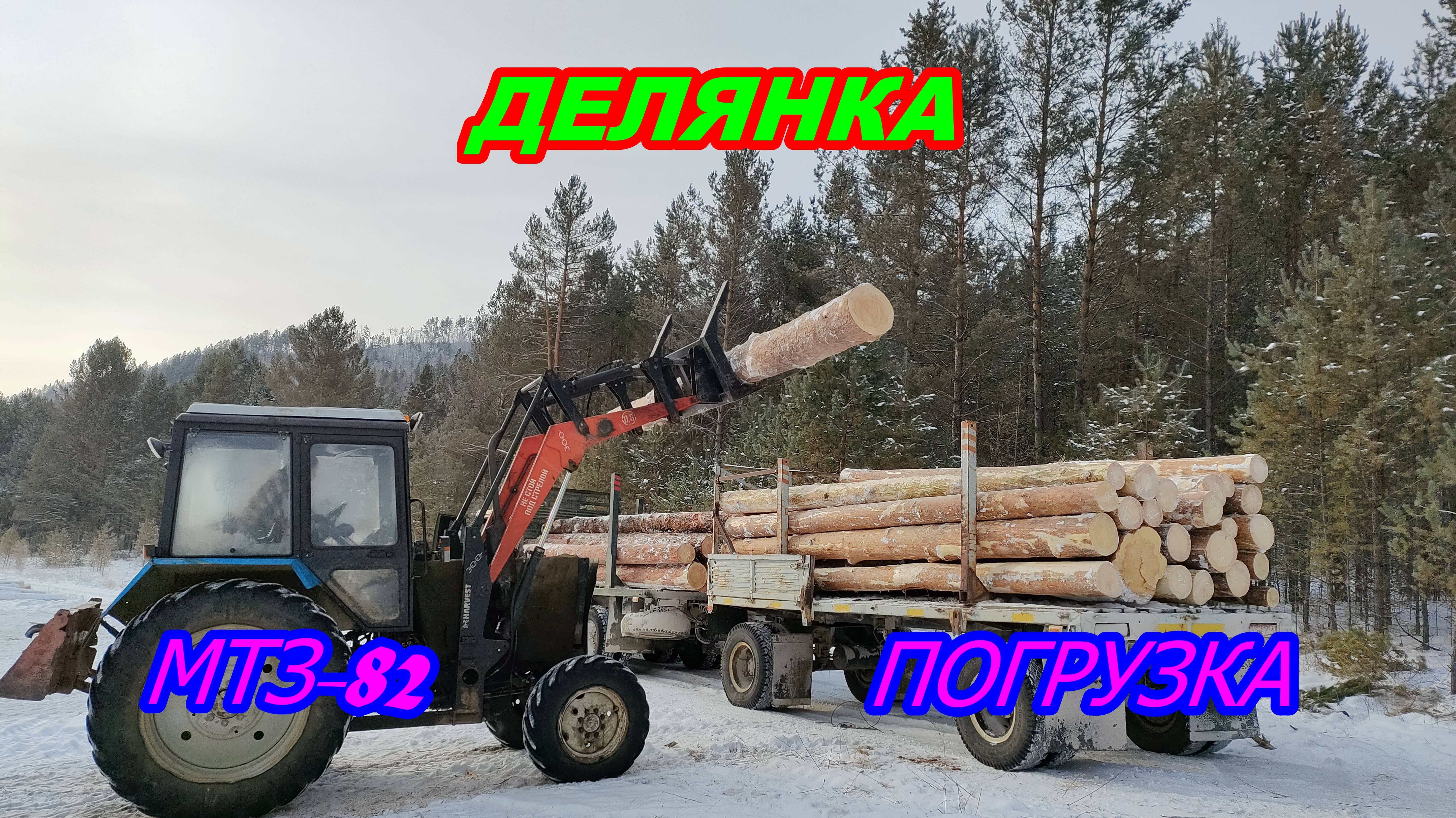 Работа на нижнем складе деляны. МТЗ-82 с куном грузит древесиной КАМАЗ.