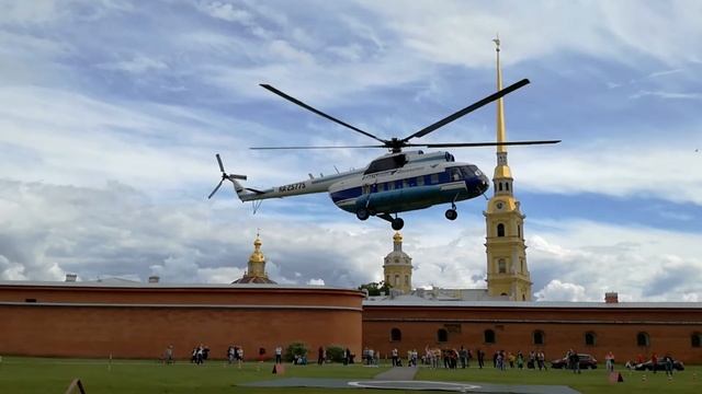 Helicopter take-off from the Peter and Paul Fortress in St. Petersburg