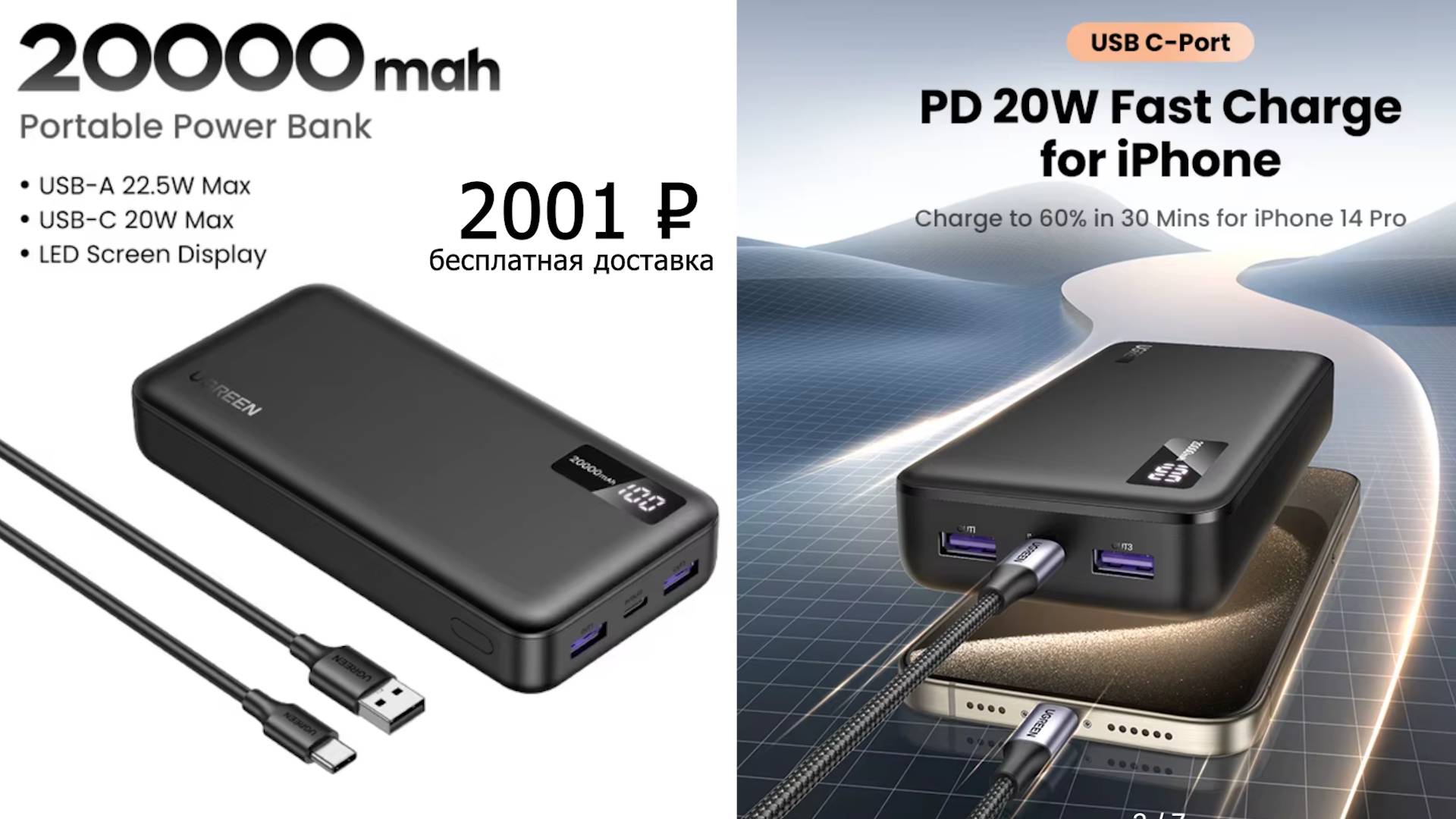 UGREEN 20000/10000 мАч PD 20 Вт Power Bank с быстрой зарядкой Портативный PowerBank