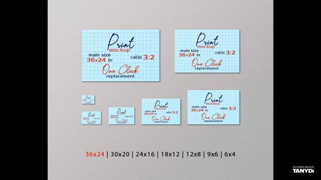 Wall display guide 7 sizes, Vertical & Horizontal Posters Ratio 2:3, Photoshop Photopea Mockup 7P-W
