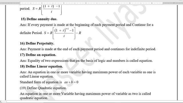 Important Definitions I.Com part I business mathematics 2023