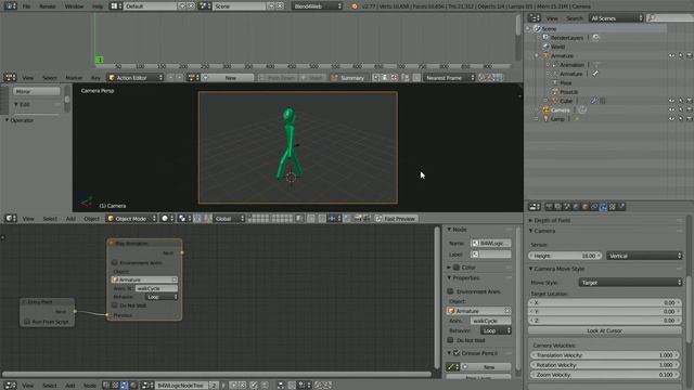 Using blend4web Logic Nodes to Move a Character While Looping Through a Walk Cycle Animation