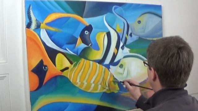 Cubism Oil Painting: "Fishes" (half abstract modern art)