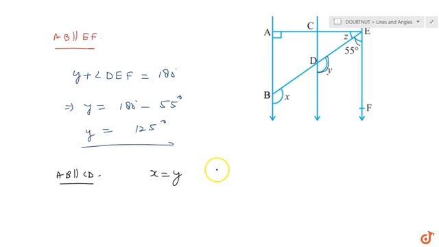 In Fig. 6.27, AB || CD and CD || EF. Also `E A_|_A B` . If `/_B E F=55o` , find the values of x,...