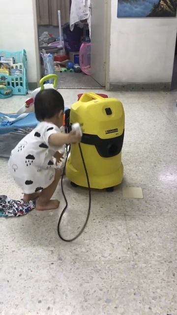 Baby Deen getting ready to clean the house #baby #babycleaning #babydeen #karcher #babycable