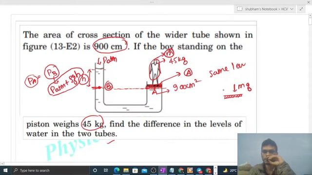 The area of cross section of the wider tube shown in figure (13-E2) is 900 cm 2. If the boy standin