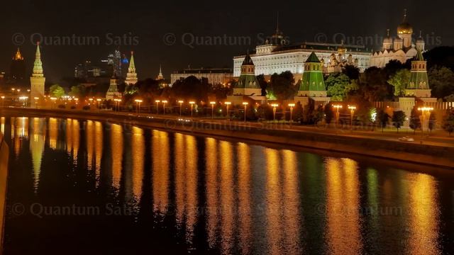 The view on the Kremlin, Moscow River and Kremlin's Embankment at night in the summer, 4k