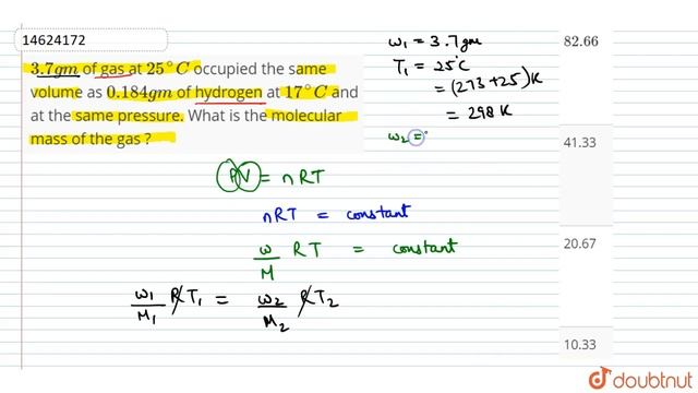 `3.7 gm` of gas at `25^(@)C` occupied the same volume as `0.184 gm` of hydrogen at `17^(@)C `