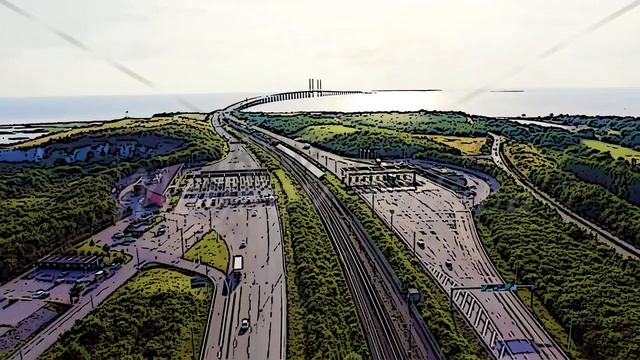 Color sketch in cartoon style. Malmo, Sweden. Car payment point. Oresund bridge. A long tunnel and