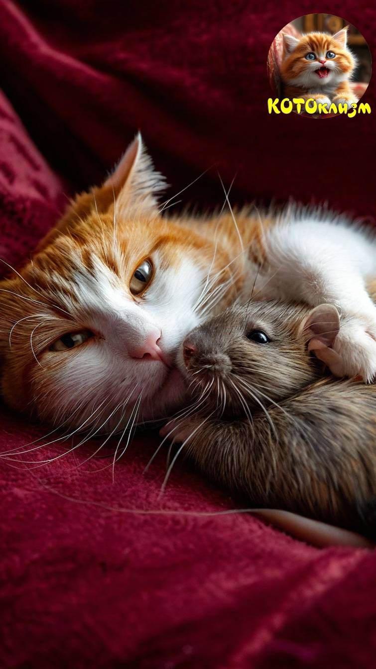 Кот вылизывает крысу!