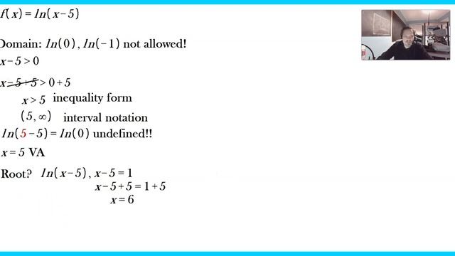 f(x)=ln(x-5) domain, range, vertical asymptote, root, graph