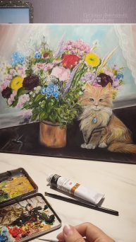 Девятая жизнь | Масляная живопись 2024г. Холст 30:40 см. #cat #flowers #youtubeshorts #artist
