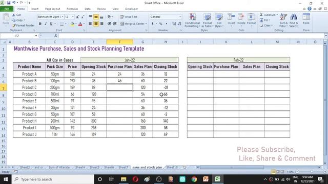 Monthly and Yearly Sales, Purchase/Production and Closing Stock Plan or Forecast in Excel
