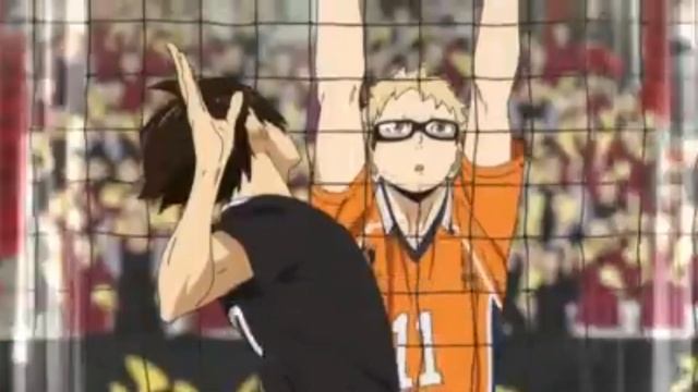 Haikyuu S04 E20: Suna Rintaro avoids Tsukishima Kei's block