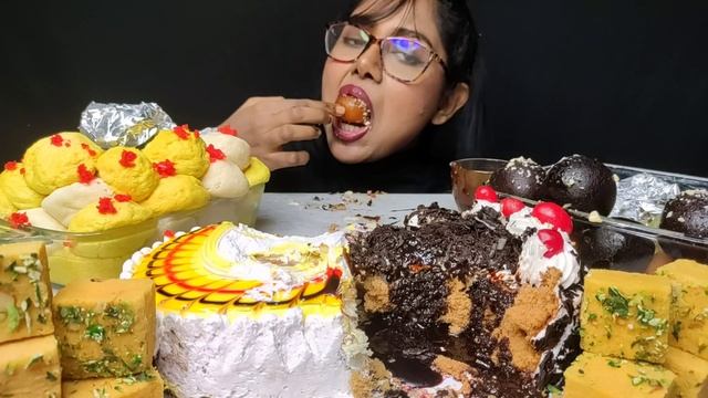 Eating Indian Sweets, Rasgulla, Gulab Jamun , Black Forest Cake | Big Bites | Asmr Eating | Mukbang