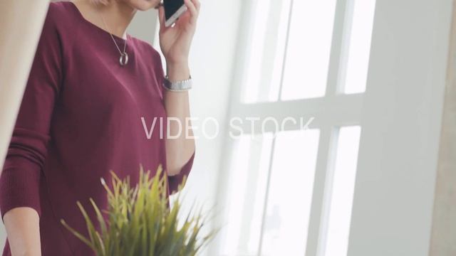 Woman communicates by the phone with a customer or boss