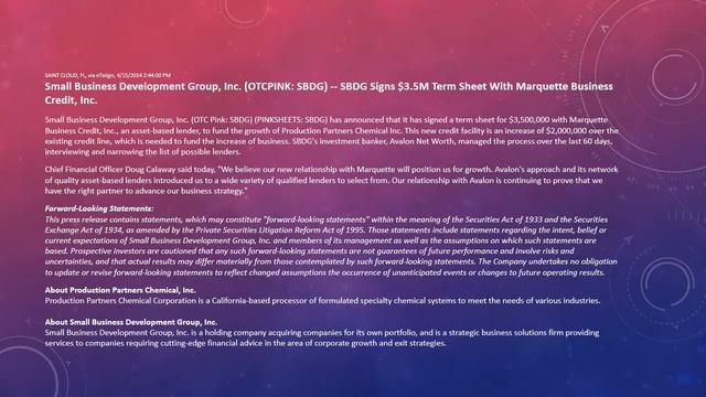 Small Business Development Group, Inc. (OTCPINK: SBDG) -- SBDG Signs $3.5M Term Sheet