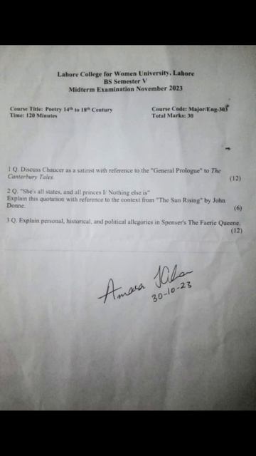 BS-Eng-(V) Past Paper Of Poetry 14th To 18th Century.