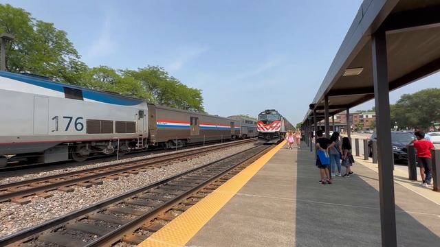 WB Amtrak California Zephyr # 5 and an EB Metra meet at Naperville