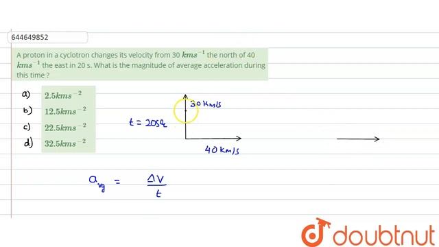 A proton in a cyclotron changes its velocity from 30 kms^(–1)the north of 40 kms^(–1) the east i...