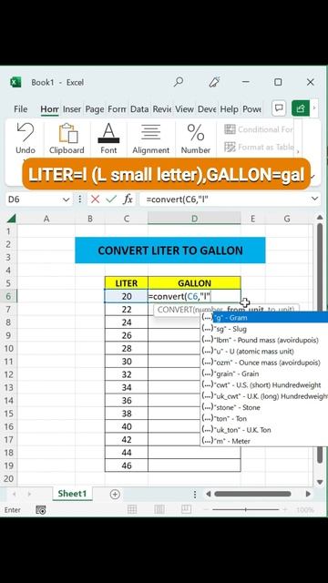 Converting Liter Into Gallon #shorts #excel