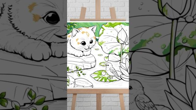 Раскраска. Котик любуется птичкой.