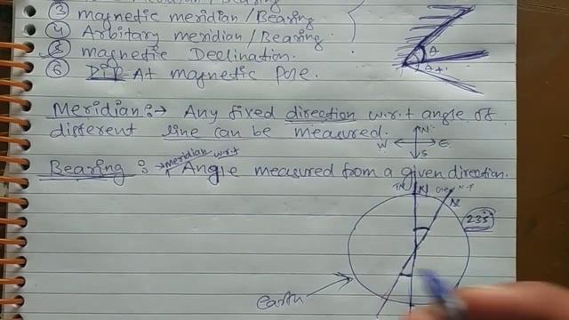 True meridian , Magnetic maridian , Arbitrary meridian ,dip , magnetic declination in detail
