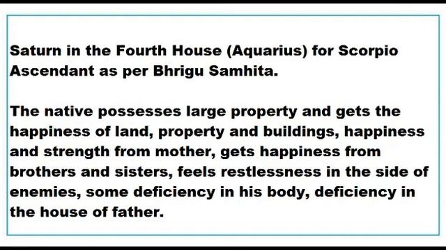Saturn In 4th House For Scorpio Ascendant As Per Bhrigu Samhita