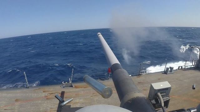 USS Milius DDG 69 Fires the Mark 45 5 Inch Light Weight Gun